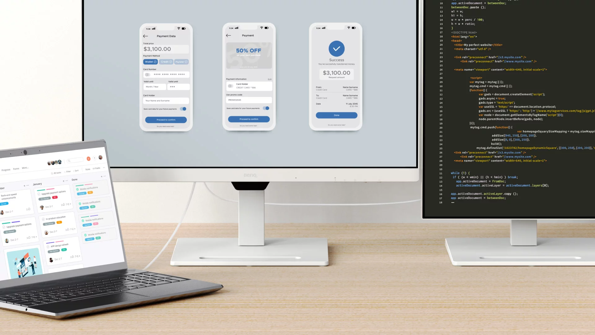 BenQ official daisy-chain workspace image for USB-C monitor planning